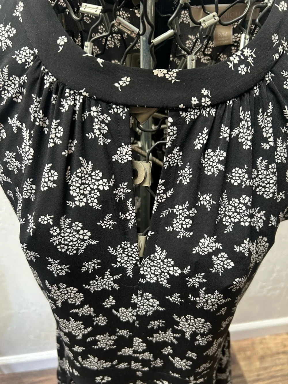 Michael Kors Black and‎ White Floral Midi Dress with High Neckline
